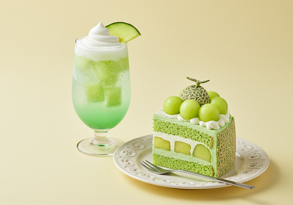 デザートのメロンケーキとメロンソーダのセット