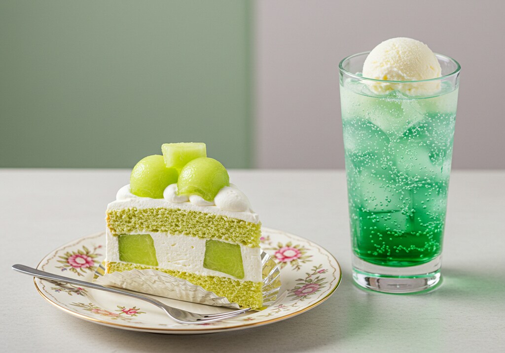 デザートのメロンケーキとメロンソーダのセット
