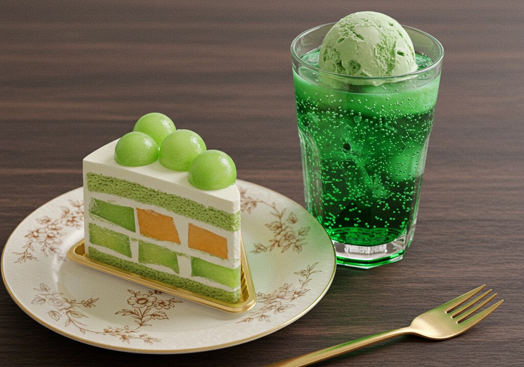 デザートのメロンケーキとメロンソーダのセット
