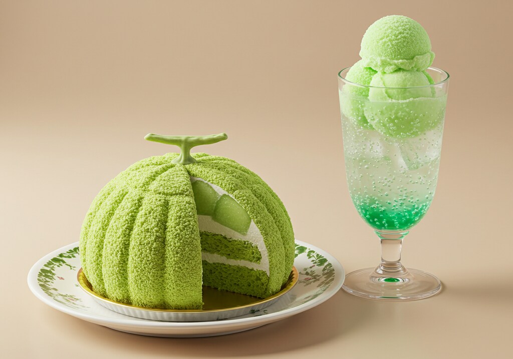 デザートのメロンケーキとメロンソーダのセット
