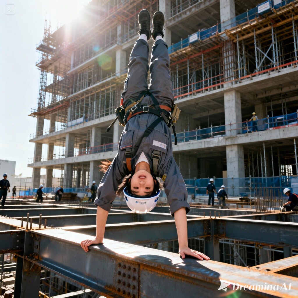 工事現場で逆立ち