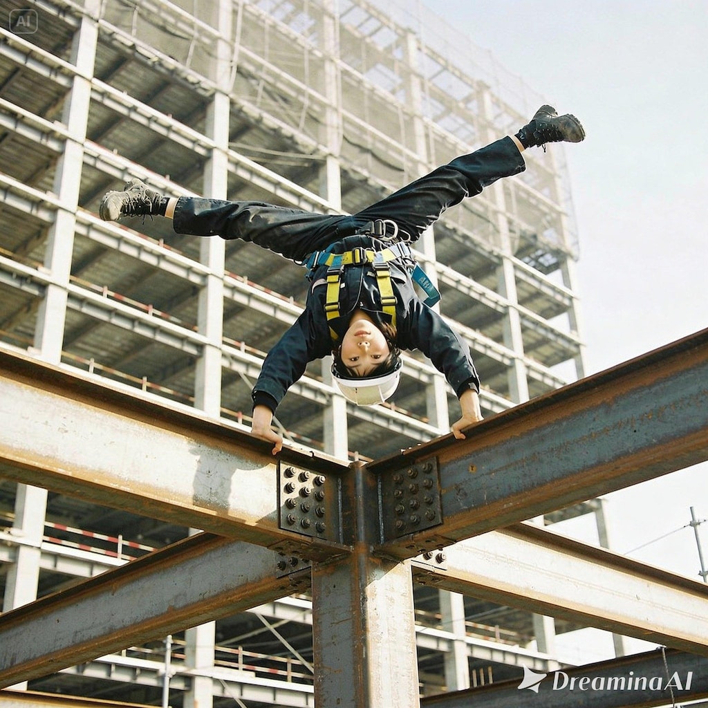 工事現場で逆立ち