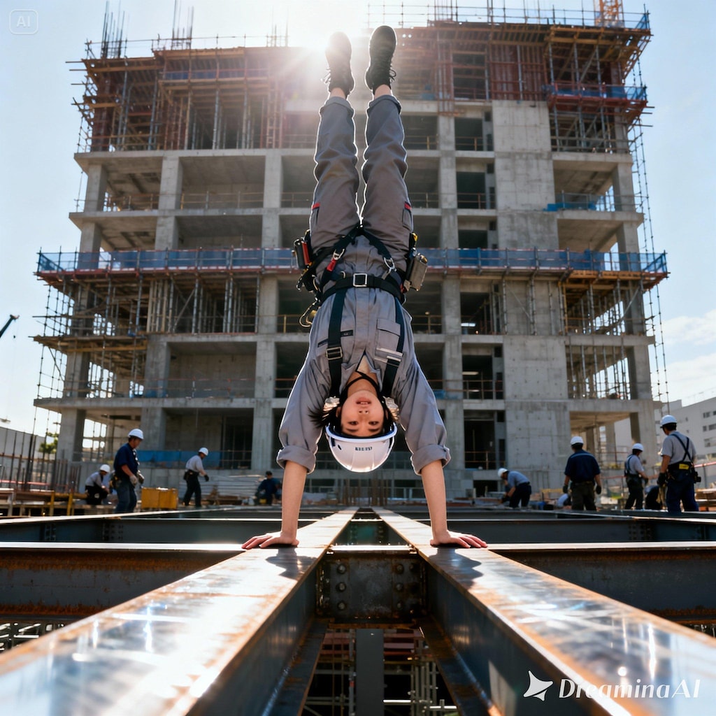 工事現場で逆立ち