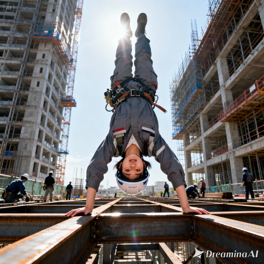 工事現場で逆立ち