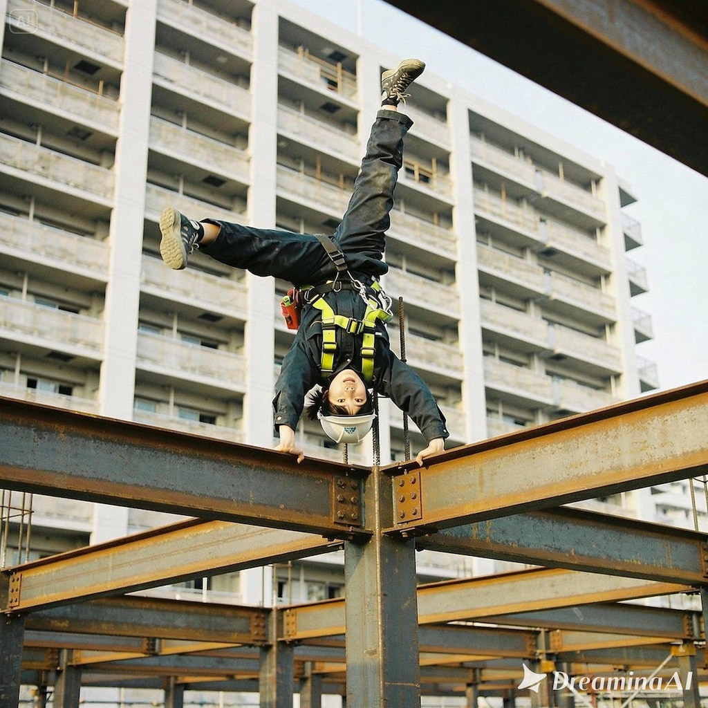 工事現場で逆立ち