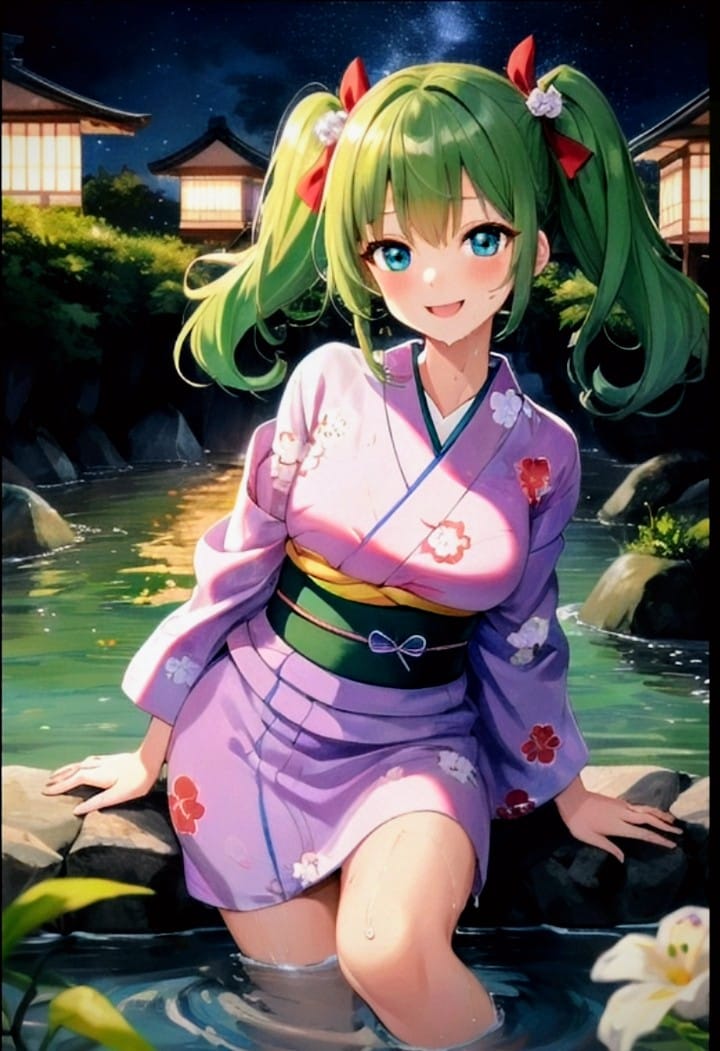 淡い川の畔で､涼む緑色髪娘🍏🍀。