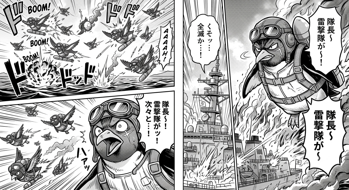 一隻の軍艦に手こずるペンギン軍