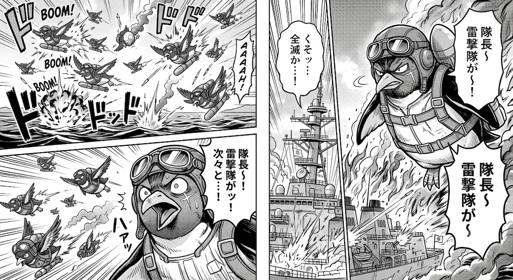 一隻の軍艦に手こずるペンギン軍