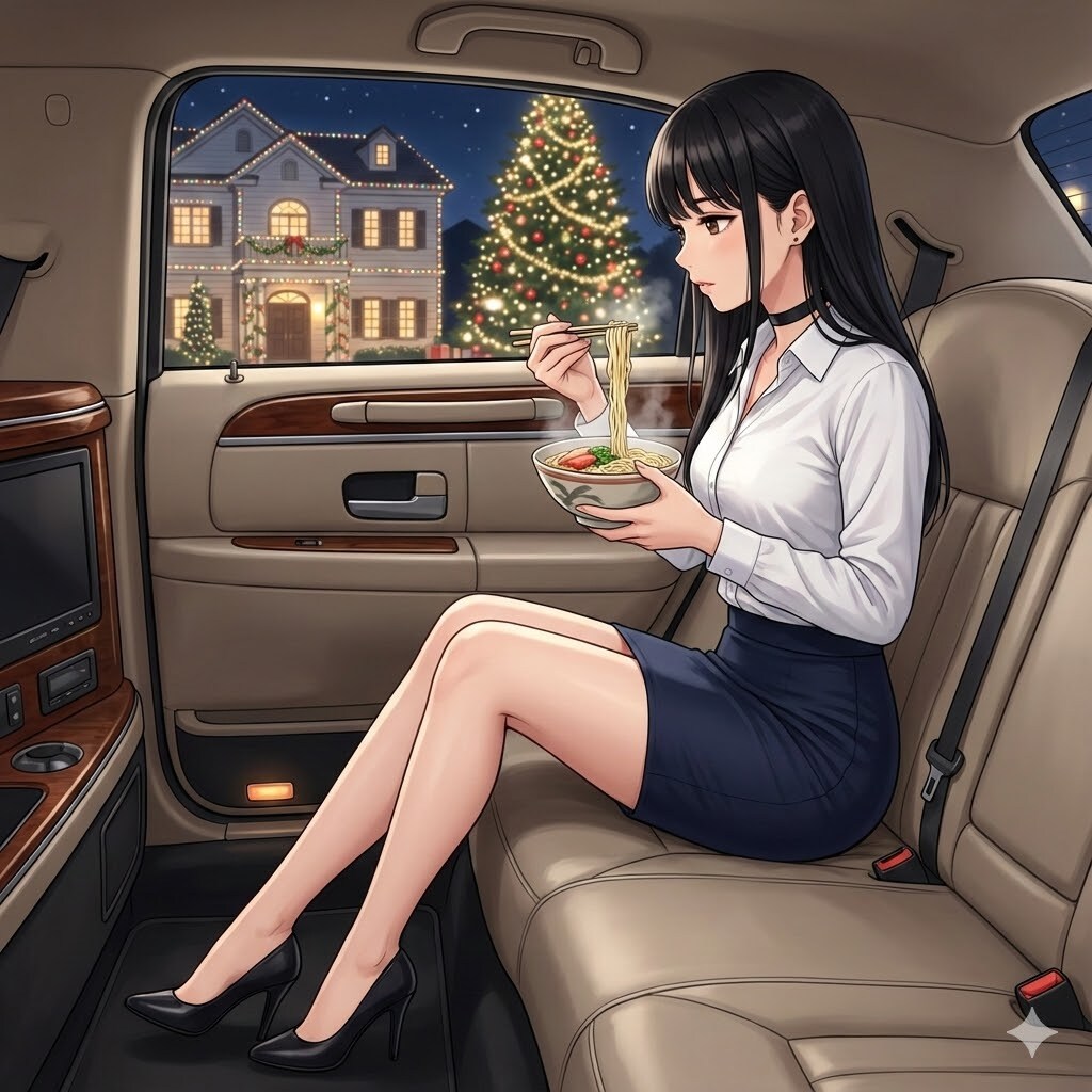 リムジンの中で沖縄そばを食べている秘書 | の人気AIイラスト・グラビア