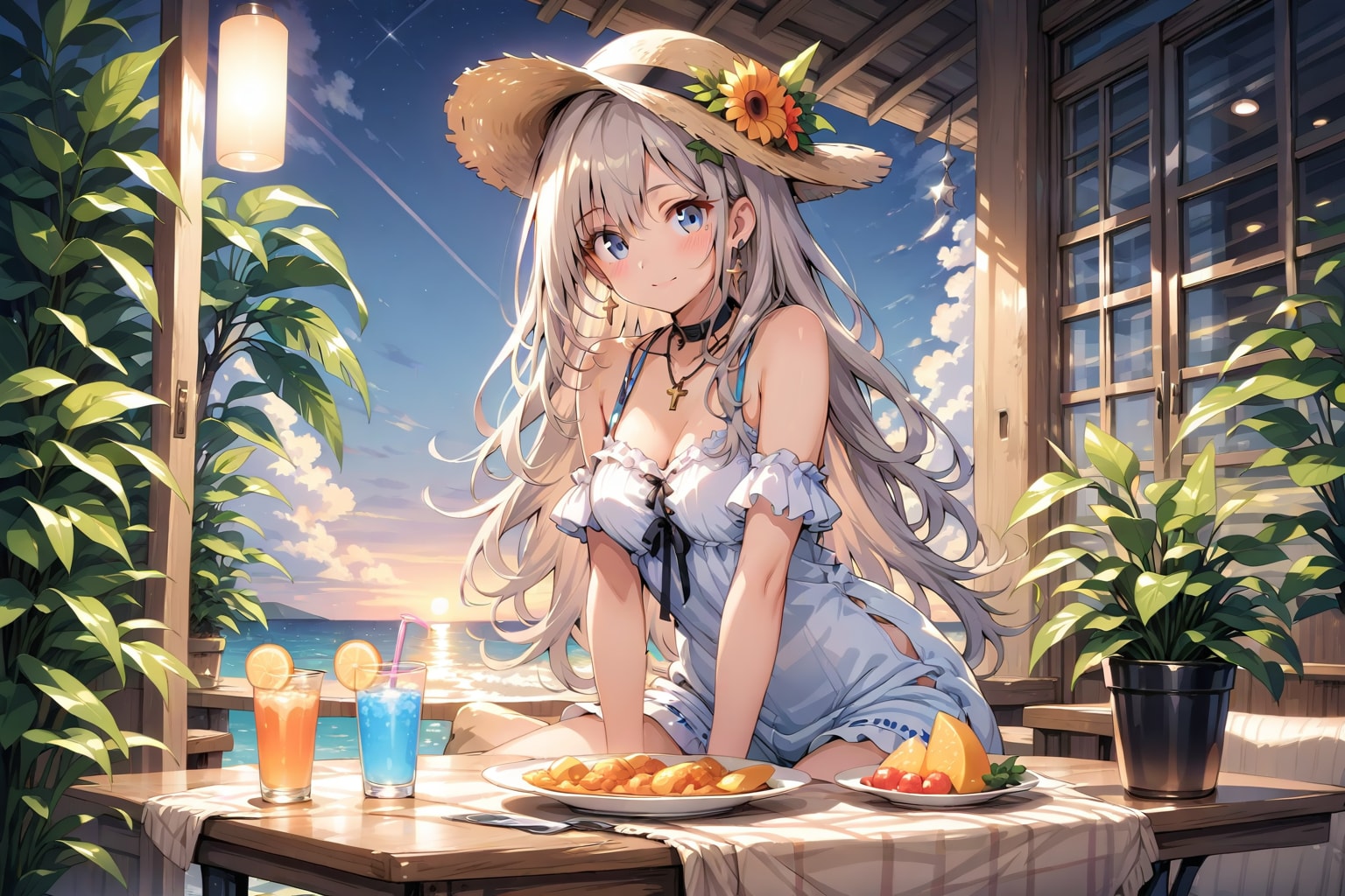 #LARIMAR 夕陽を背に座る美少女 | の人気AIイラスト・グラビア