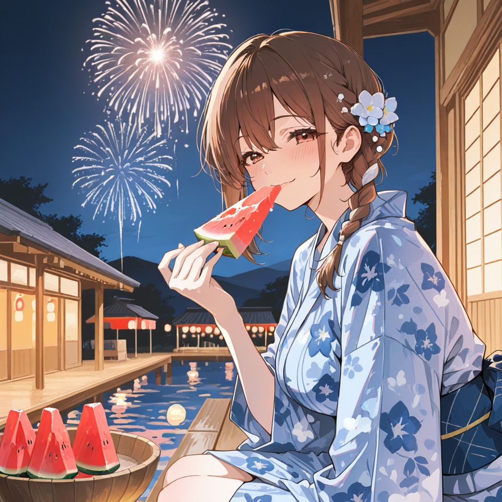 打ち上げ花火　浴衣の妻