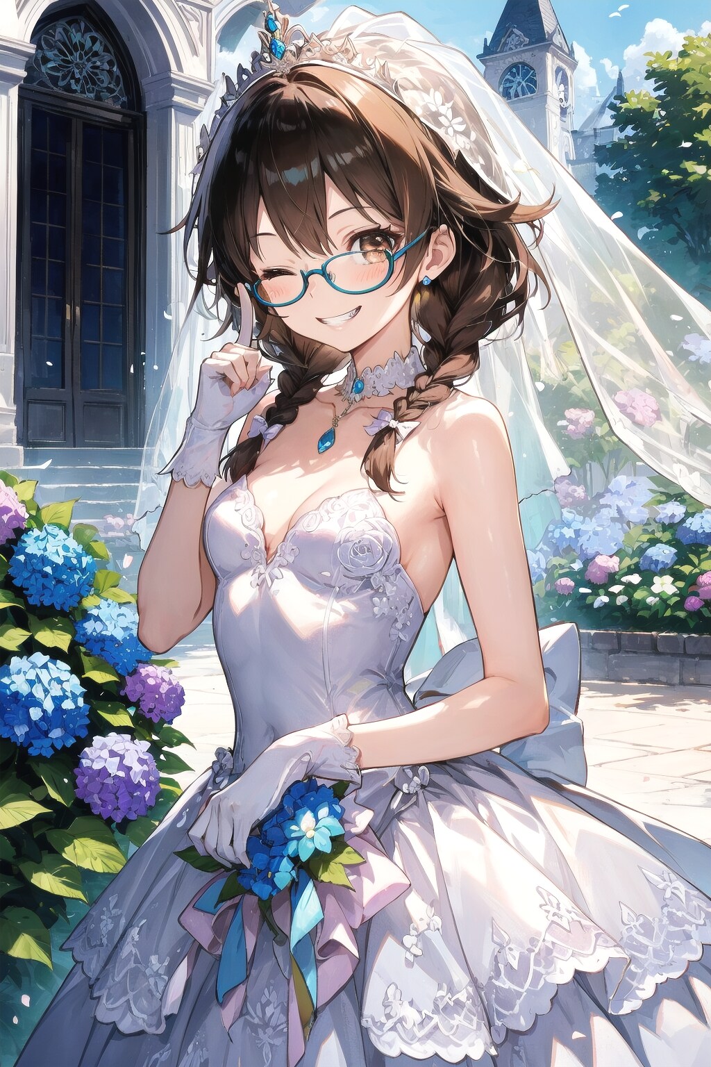 紫陽花と眼鏡三つ編み姉妹の花嫁