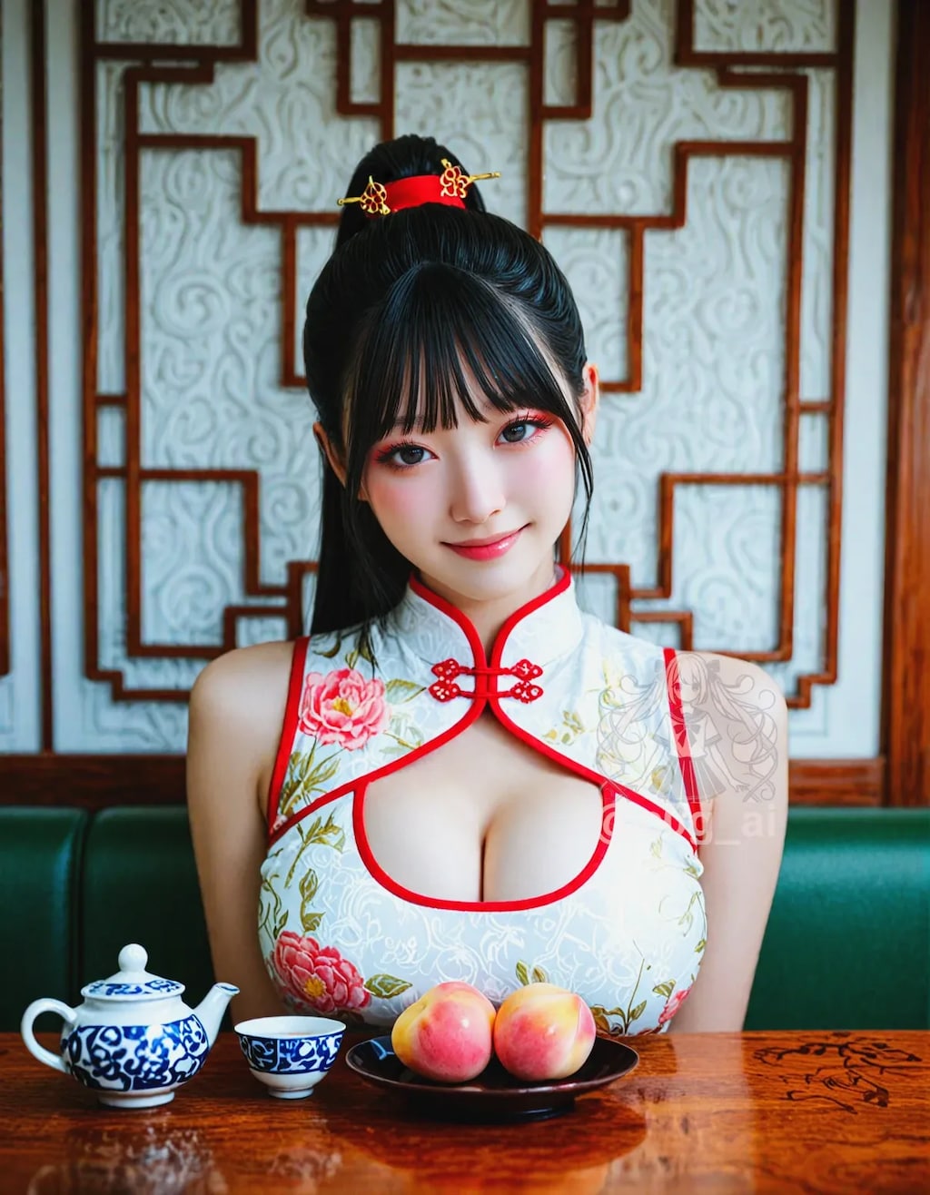 チャイナドレス+絶対領域+美脚網タイツの理沙