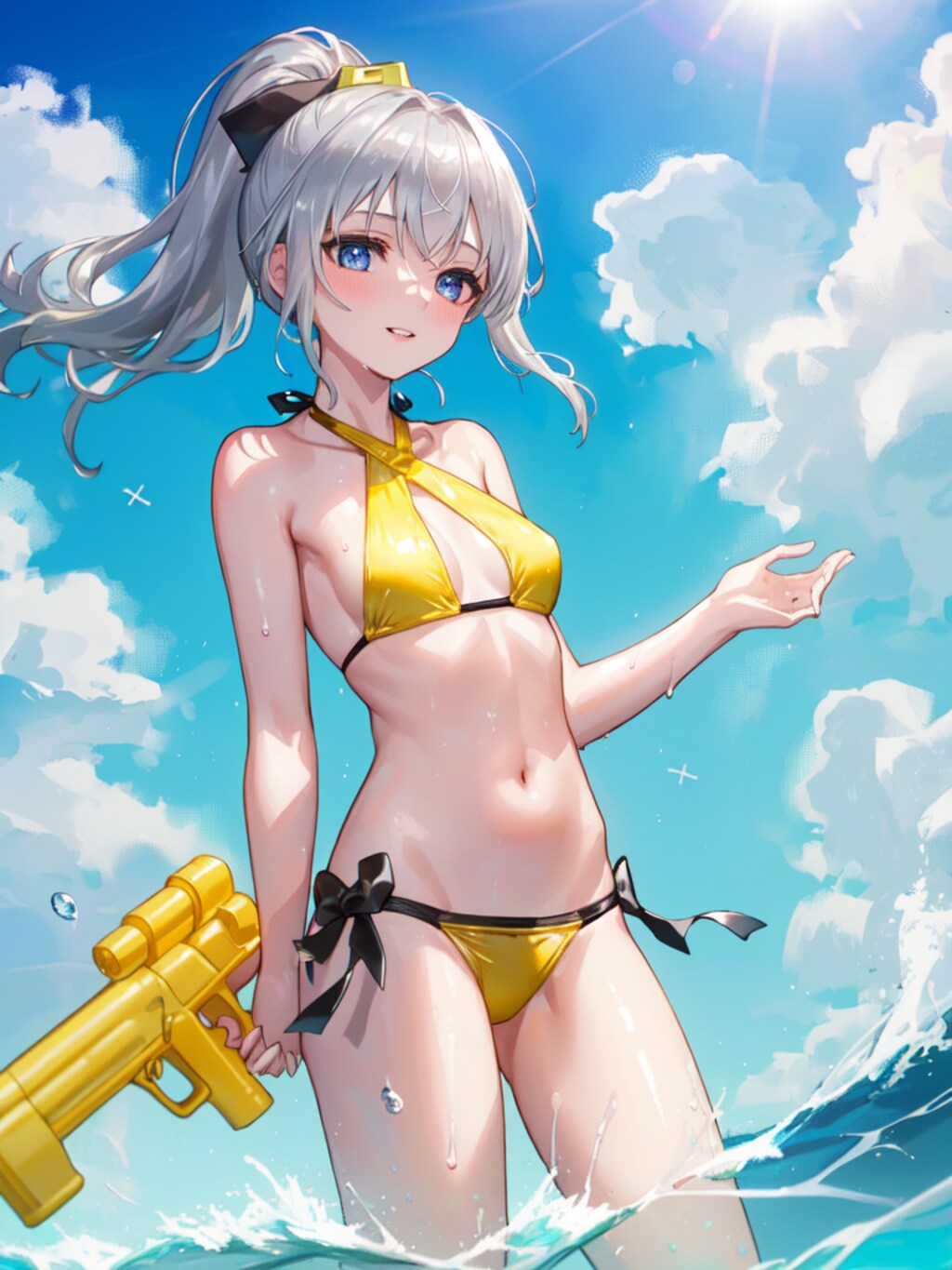 黄色い水着で水鉄砲。