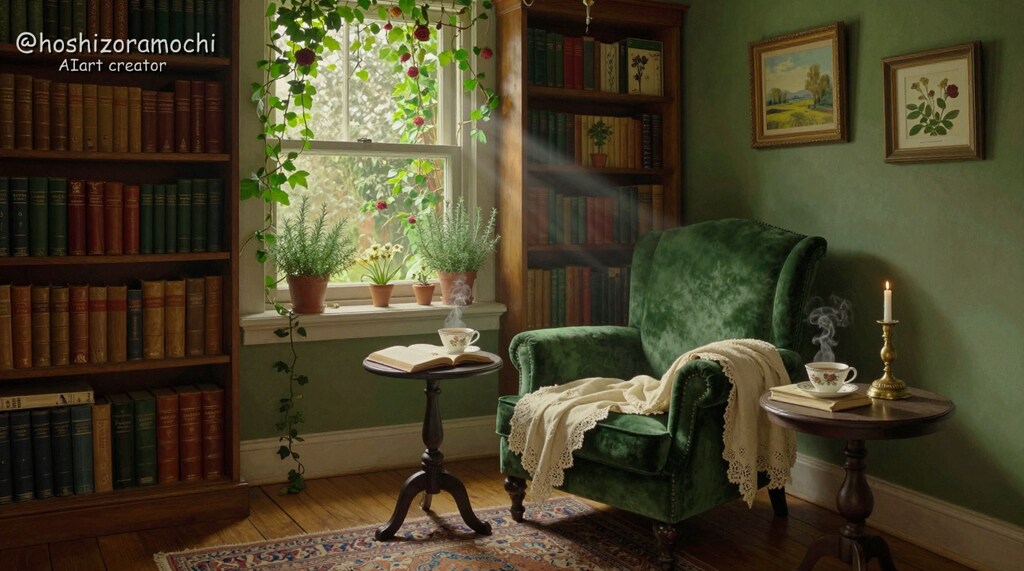 蔦に覆われた書斎での午後の読書時間