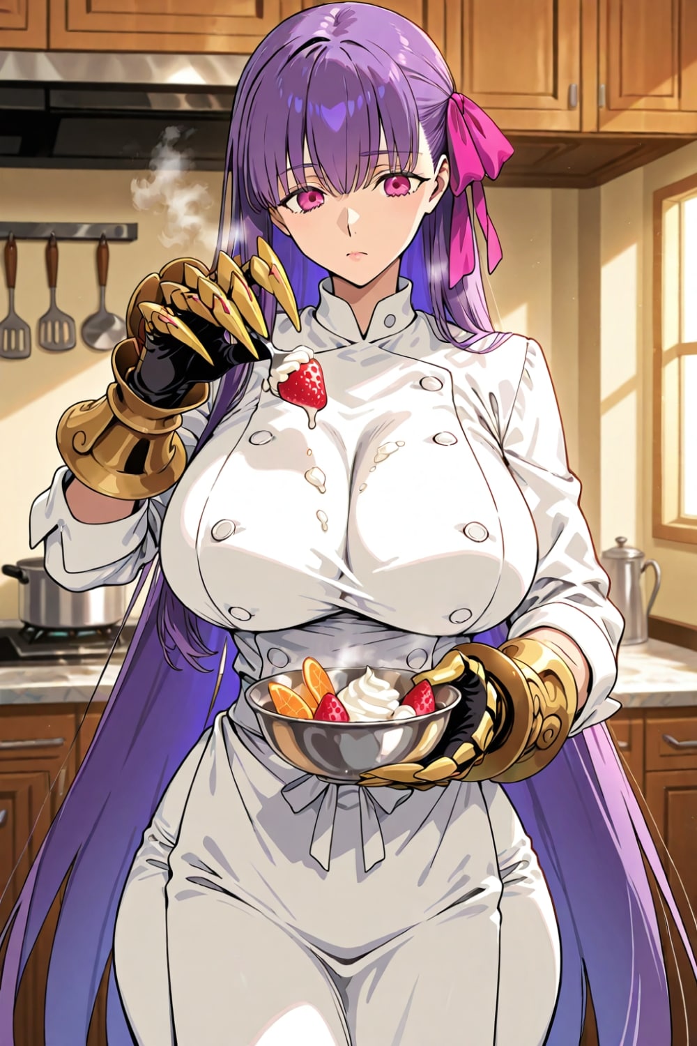 プリンアラモード作る食べる私服料理人コスプレ人妻