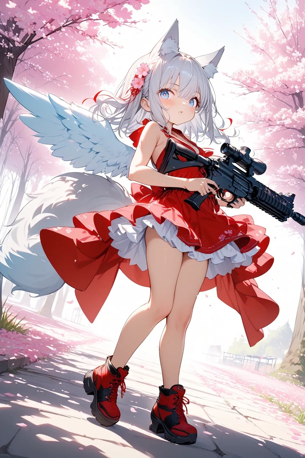 ケモミミ天使(桜とライフル)