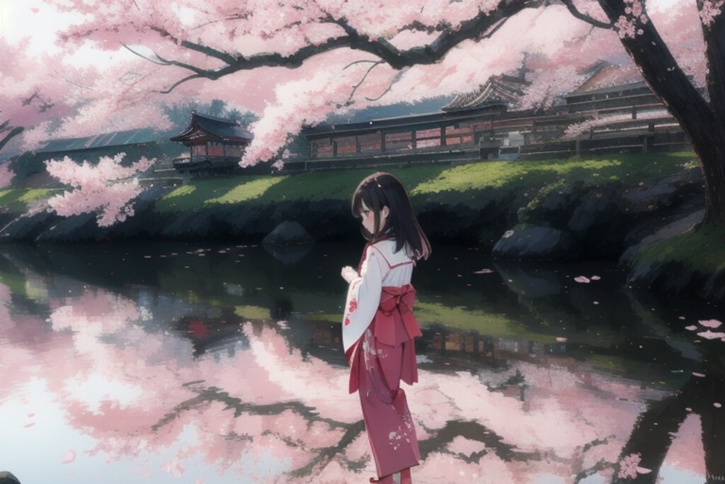 満開の桜と巫女