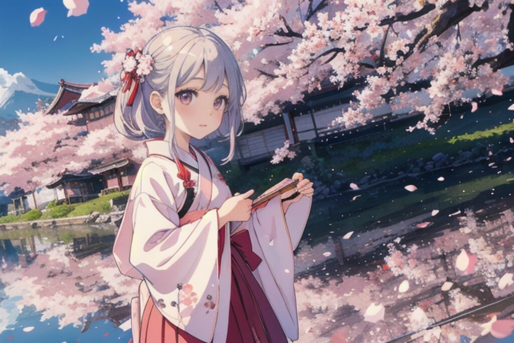 満開の桜と巫女