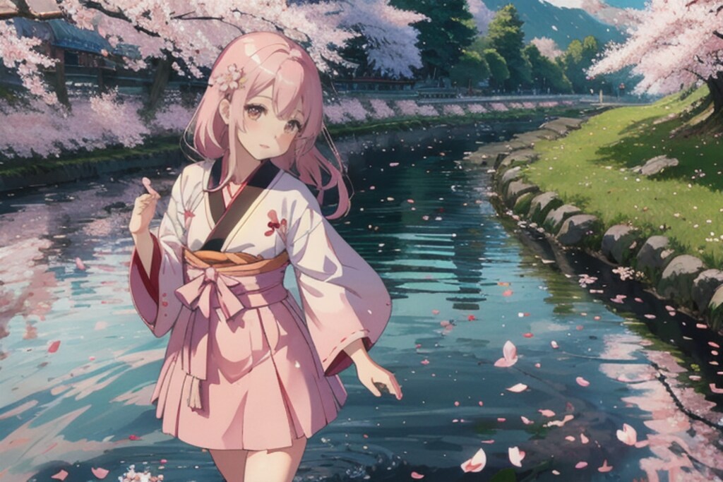 満開の桜と巫女