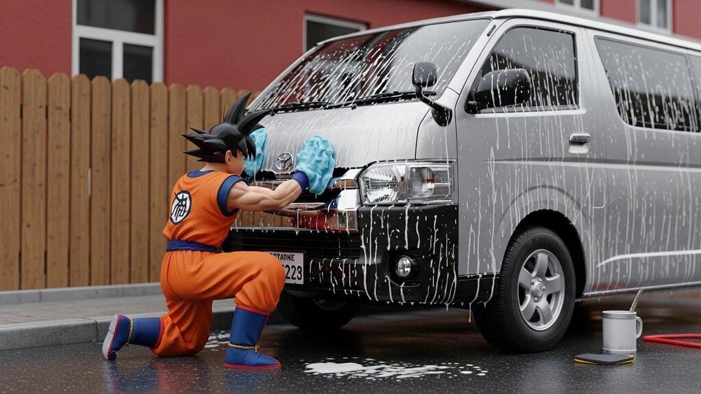 孫悟空がハイエースバンを洗う