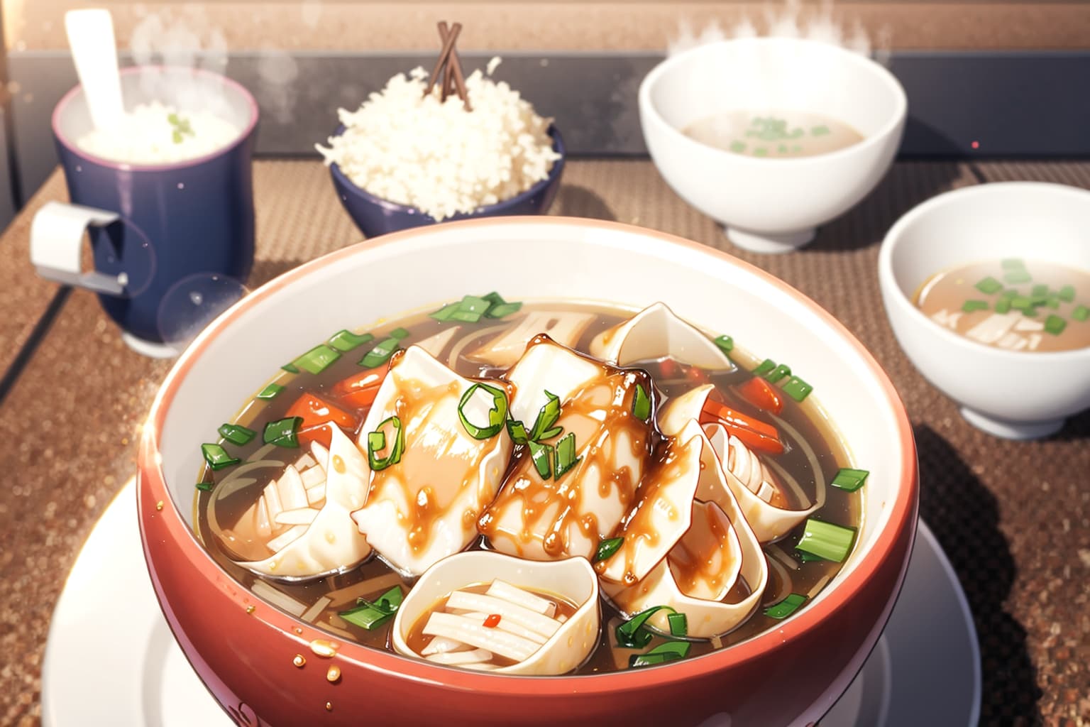 これワンタンスープやない。豆腐の創作料理と御飯二膳とスープ二杯のヘンテコセットや！ | の人気AIイラスト・グラビア