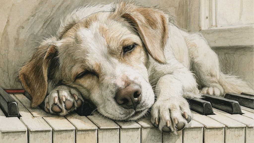 鍵盤で眠る犬