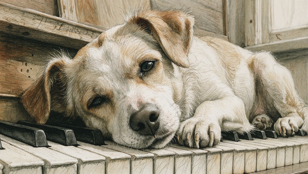 鍵盤で眠る犬
