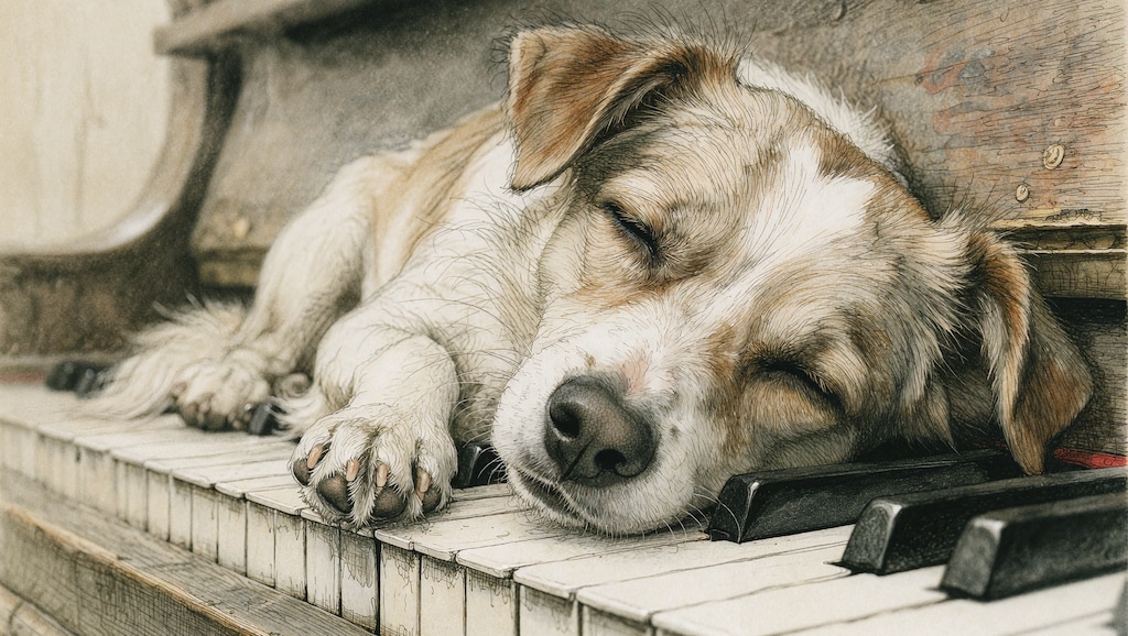 鍵盤で眠る犬