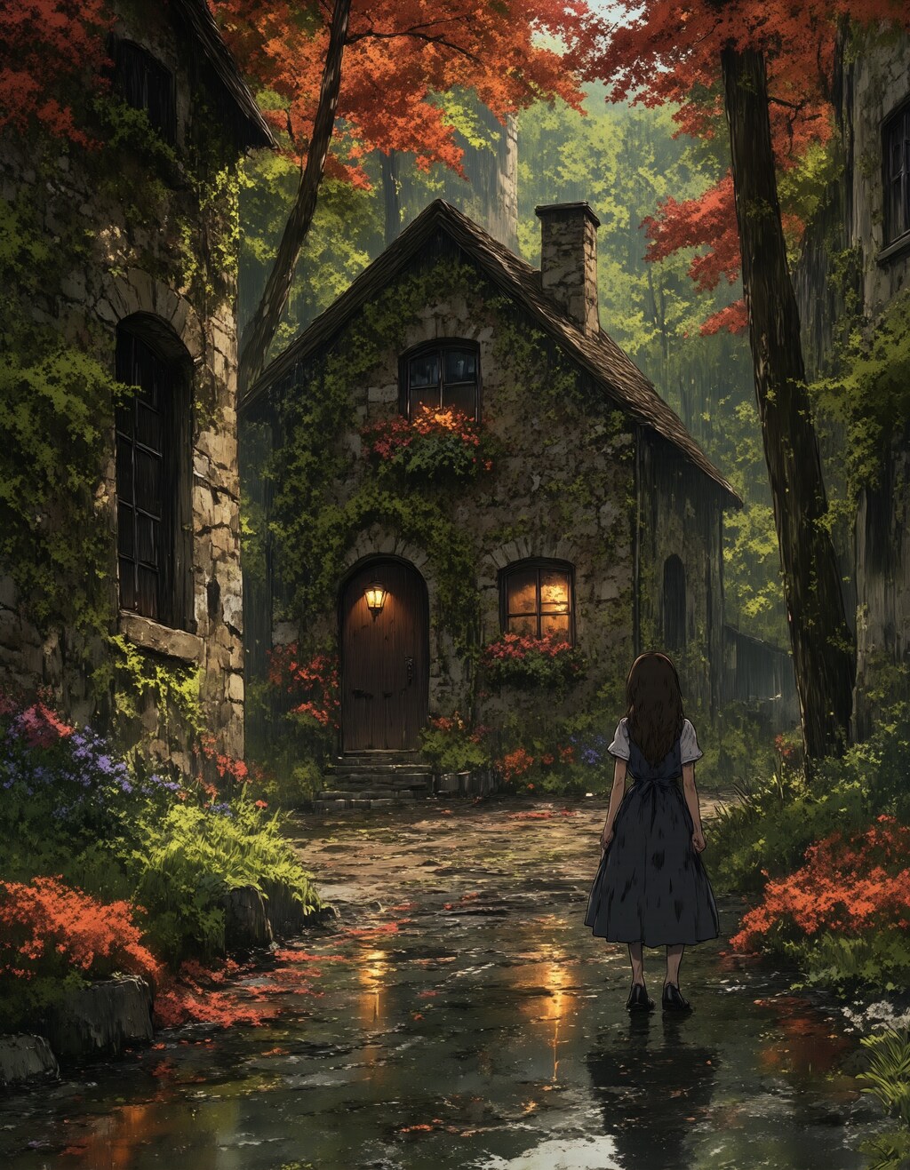 静かな秋の森の小屋