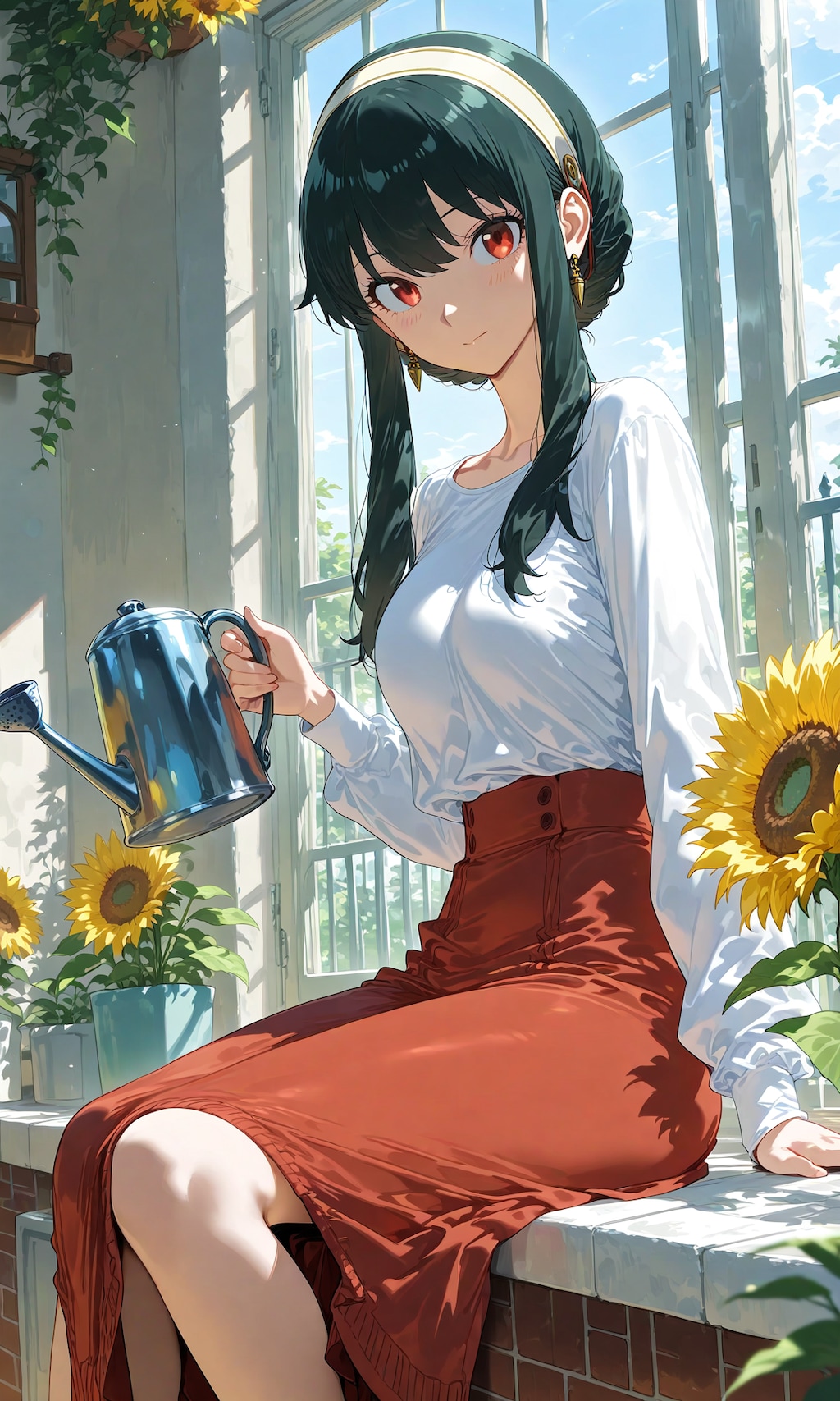 ひまわりにお水をあげるヨルさん