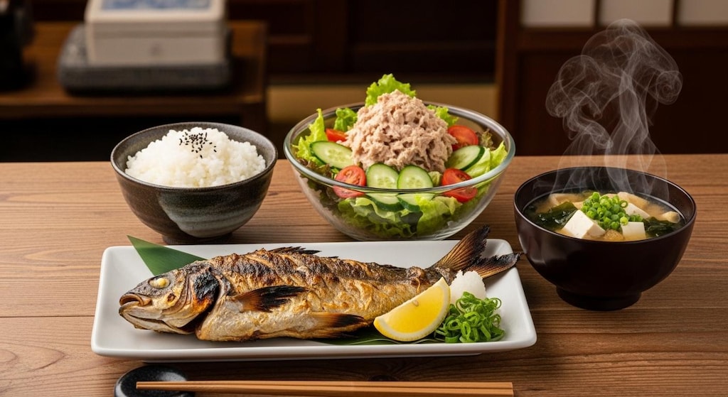 摩訶不思議食堂の焼き鮒とツナサラダ膳