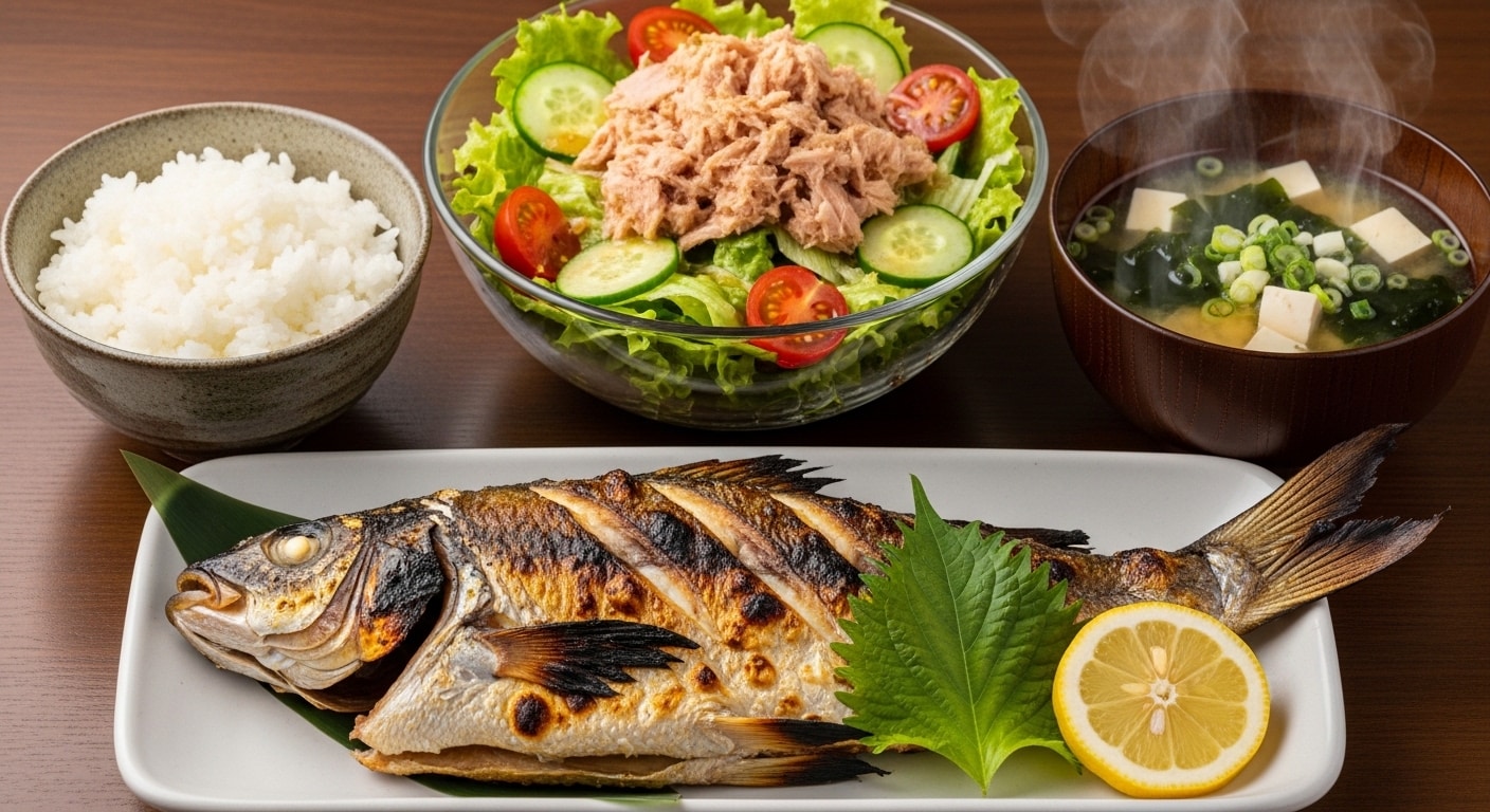 摩訶不思議食堂の焼き鮒とツナサラダ膳 | の人気AIイラスト・グラビア