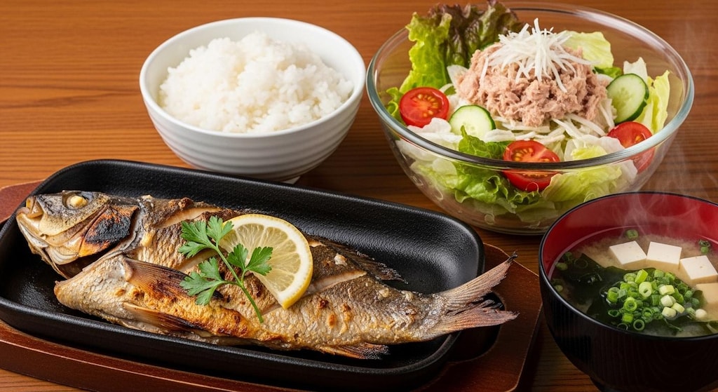 摩訶不思議食堂の焼き鮒とツナサラダ膳