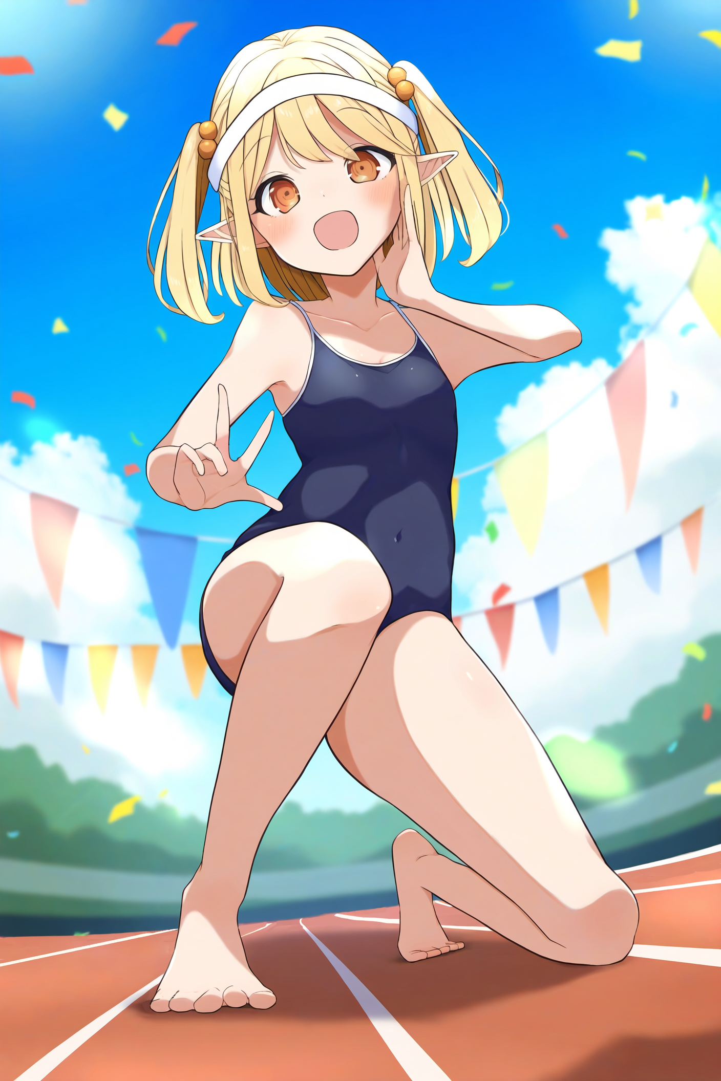 スクール水着で出走する金髪エルフさん