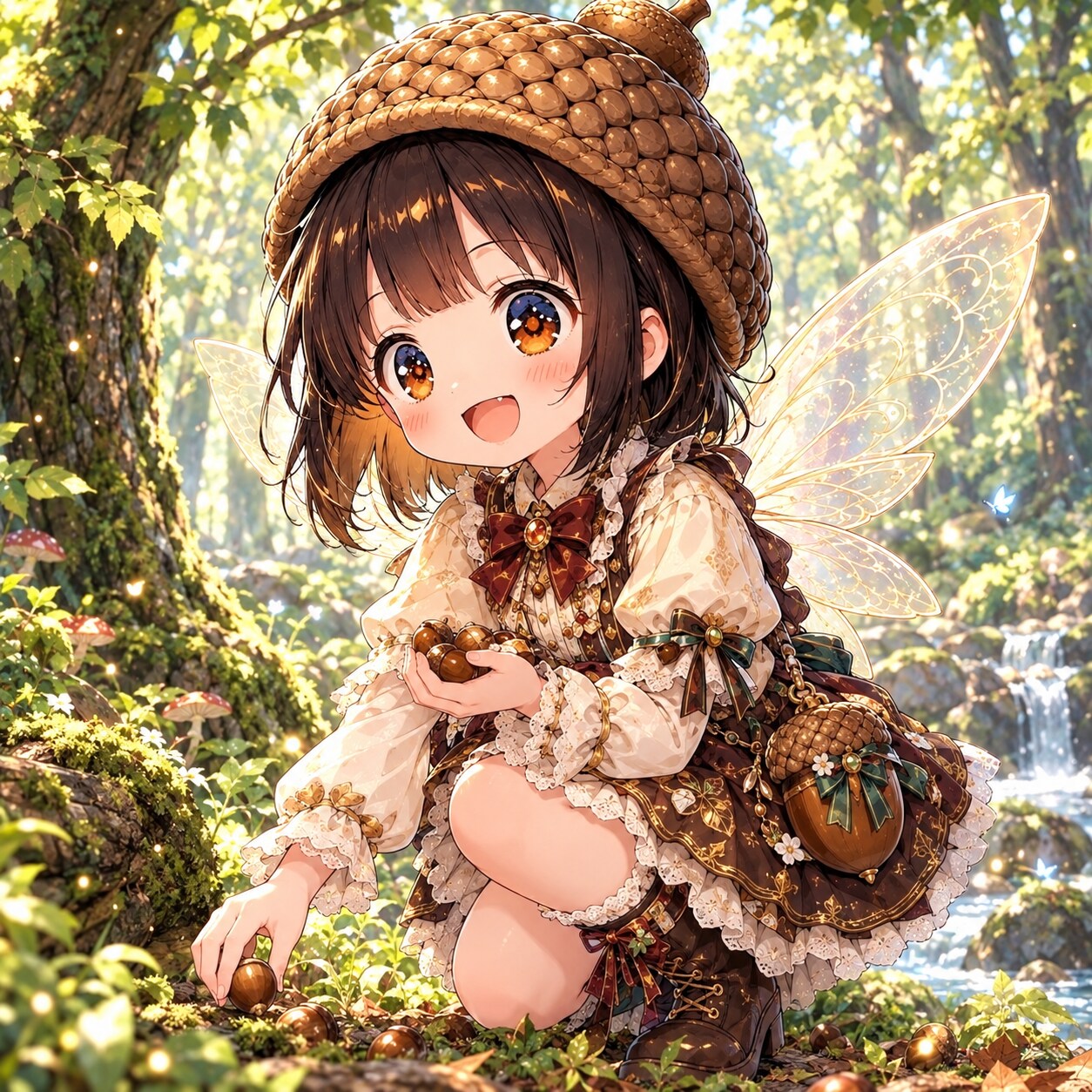 どんぐり拾いをするどんぐりの妖精ちゃん | の人気AIイラスト・グラビア