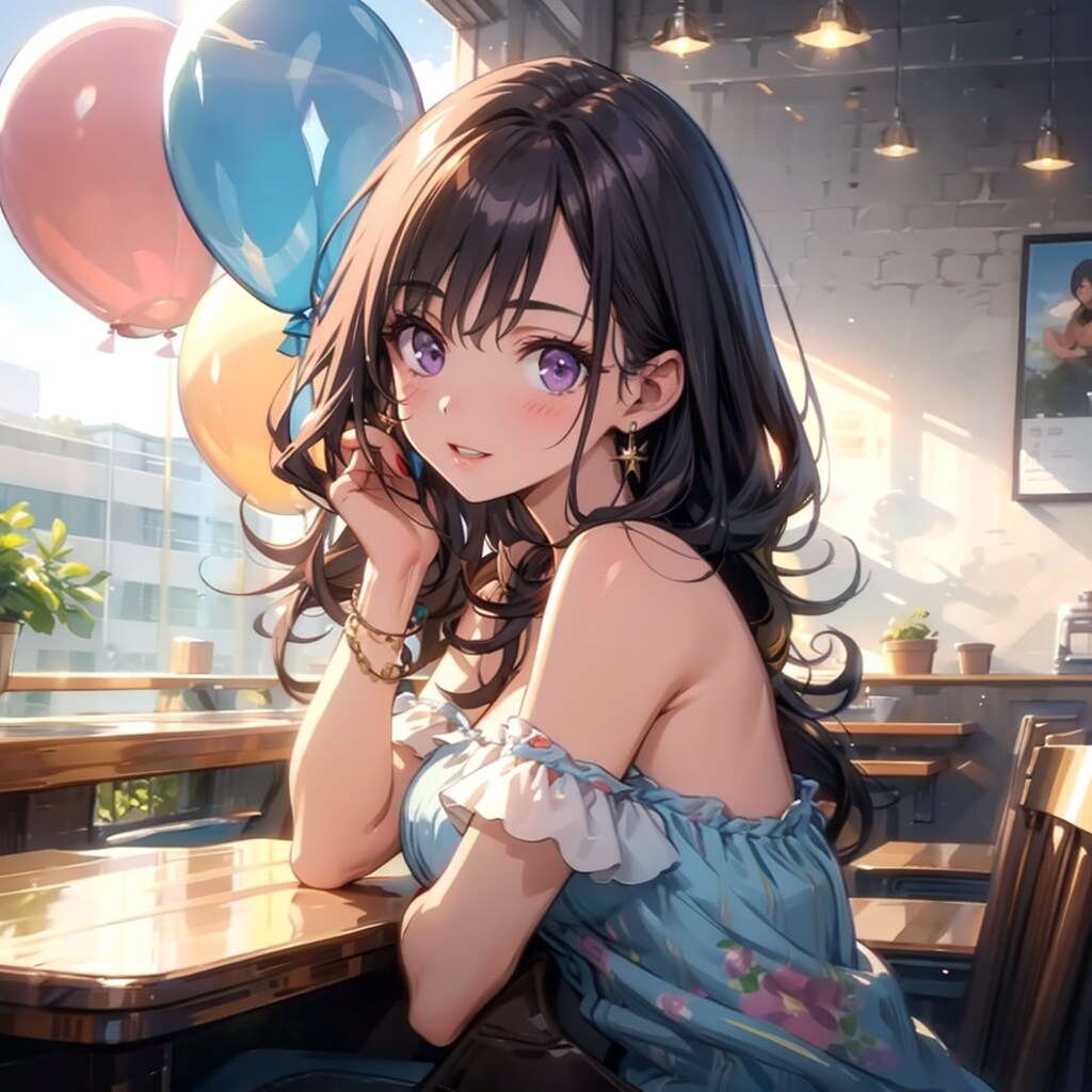 レストランでいっぱい風船を持つ美女。 | の人気AIイラスト・グラビア