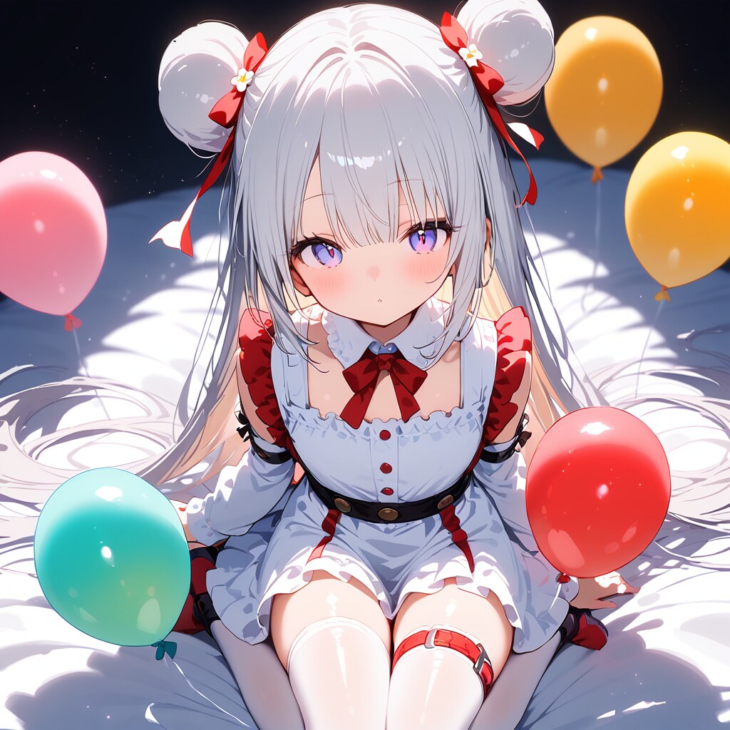 いっぱい風船を膨らませて遊ぶ白い髪お団子ヘアの女の子。 | の人気AIイラスト・グラビア