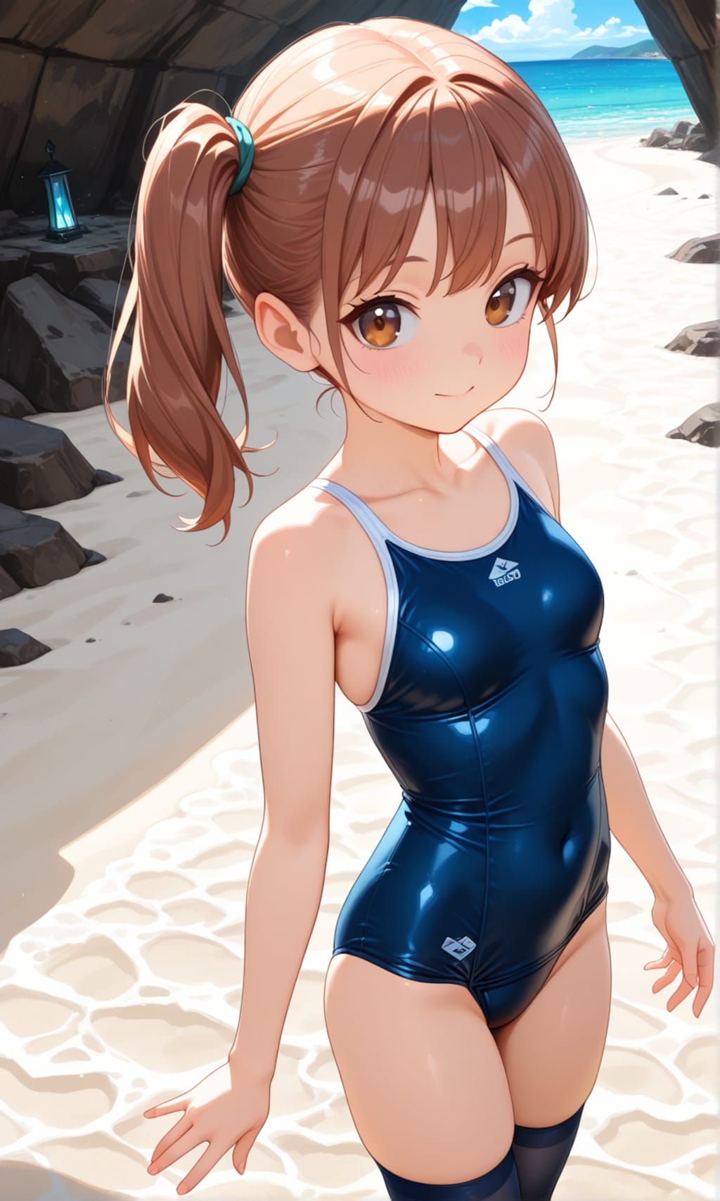 海辺で活動するスク水サイドポニー女子