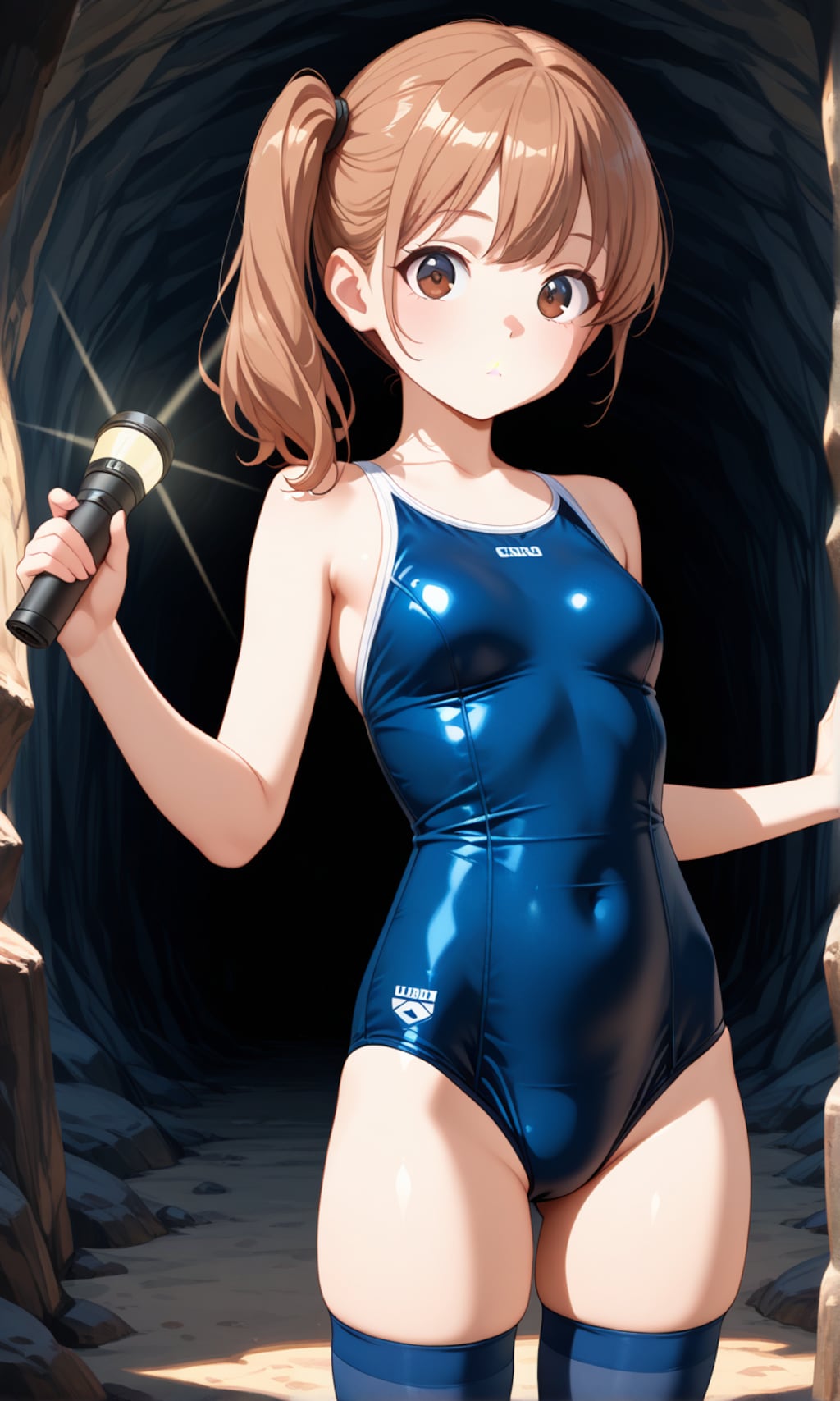海辺で活動するスク水サイドポニー女子