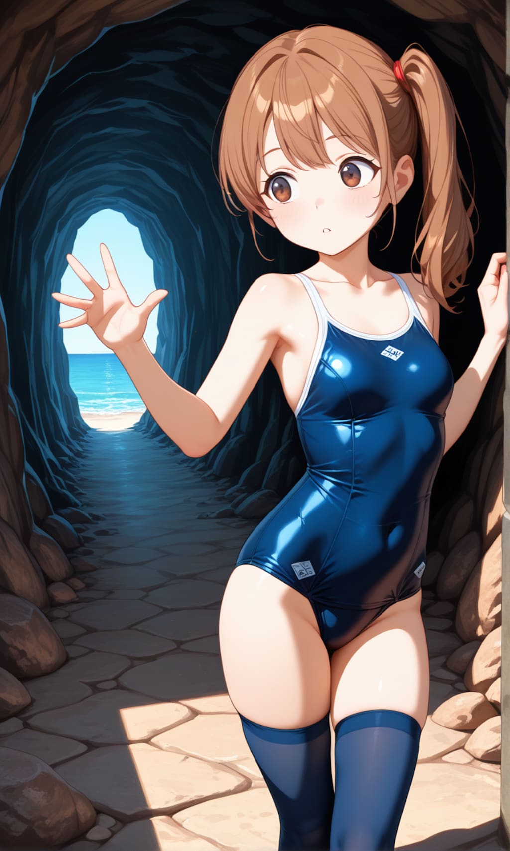 海辺で活動するスク水サイドポニー女子