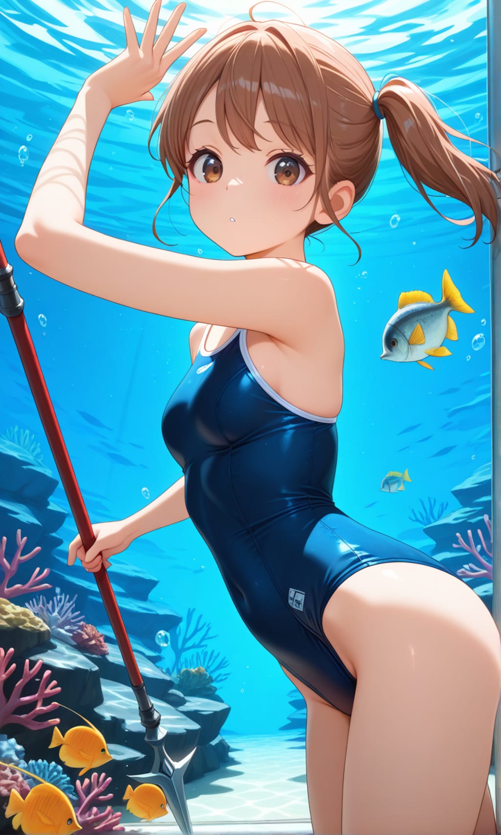 海辺で活動するスク水サイドポニー女子