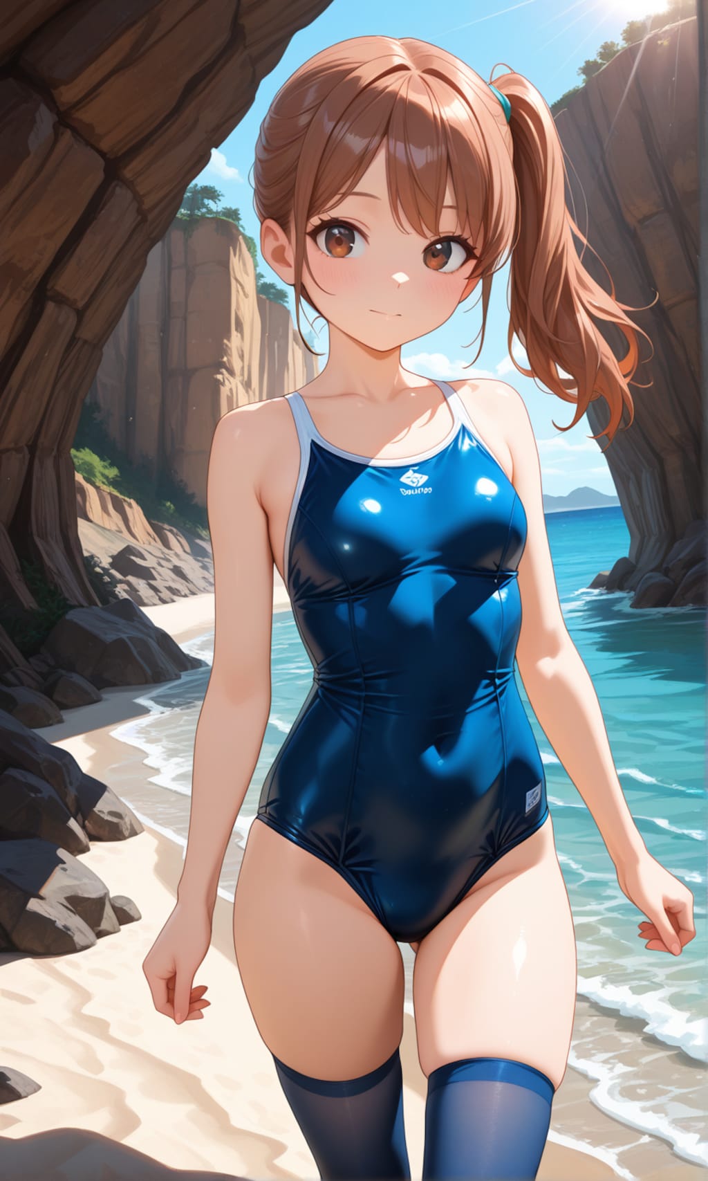 海辺で活動するスク水サイドポニー女子