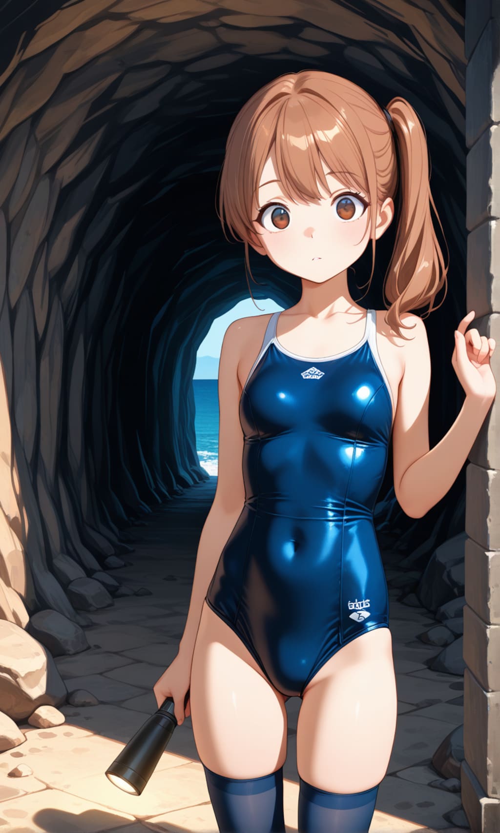 海辺で活動するスク水サイドポニー女子