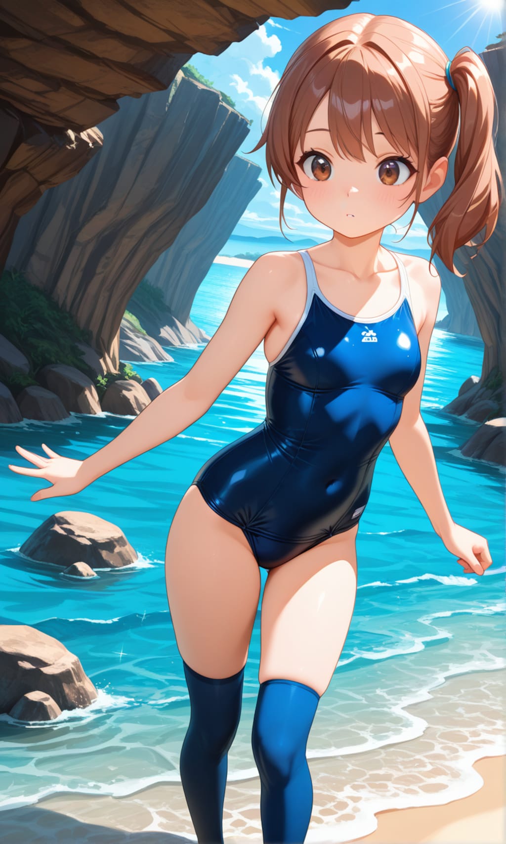 海辺で活動するスク水サイドポニー女子