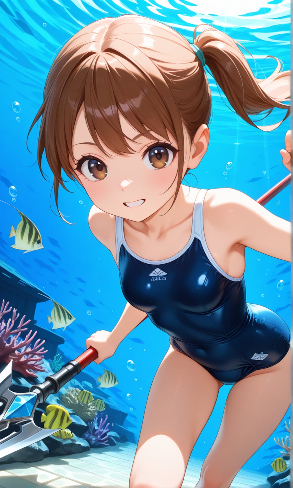 海辺で活動するスク水サイドポニー女子