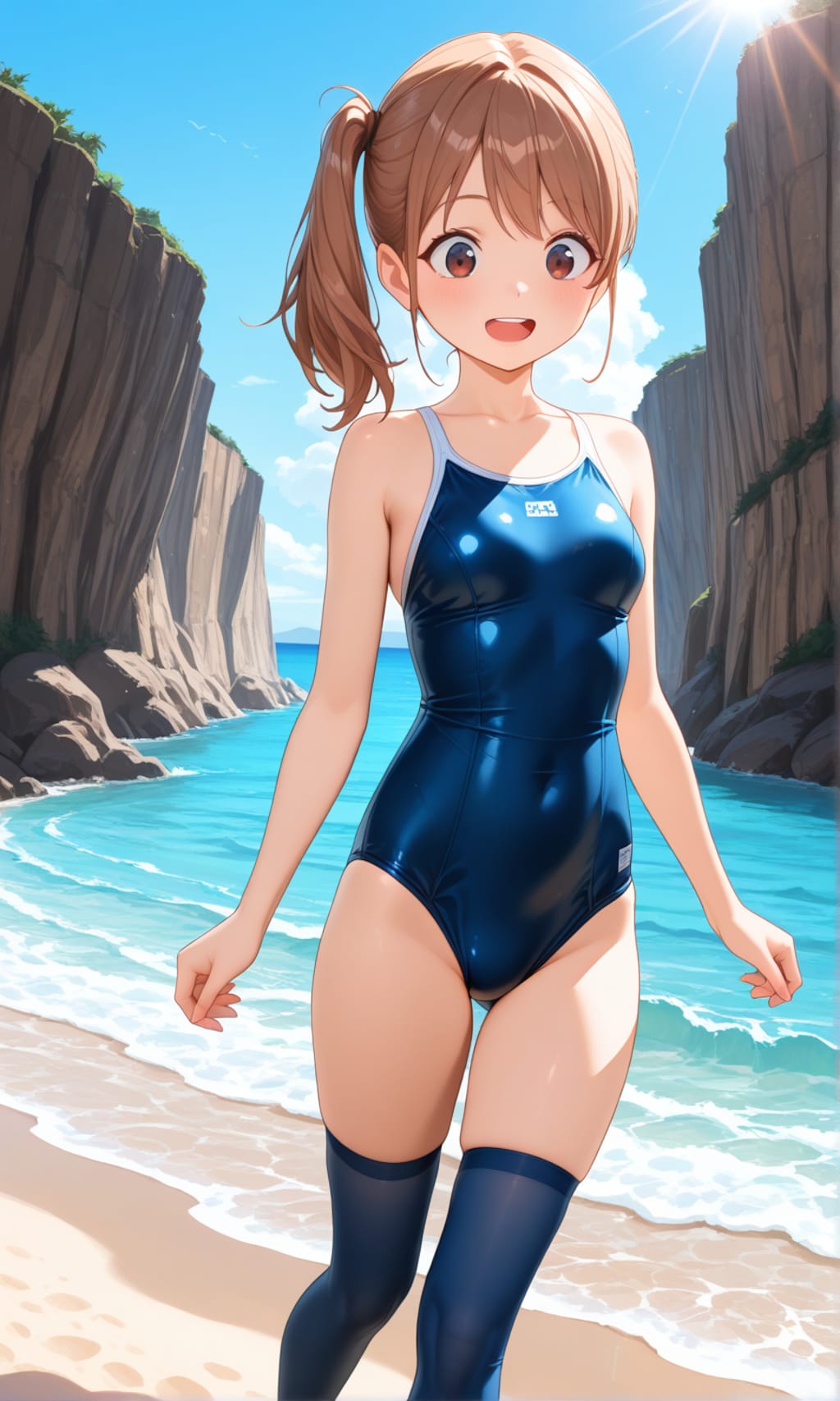 海辺で活動するスク水サイドポニー女子