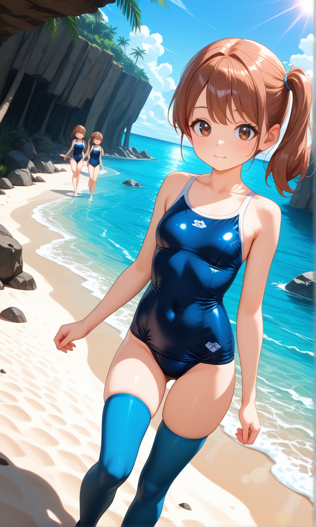 海辺で活動するスク水サイドポニー女子