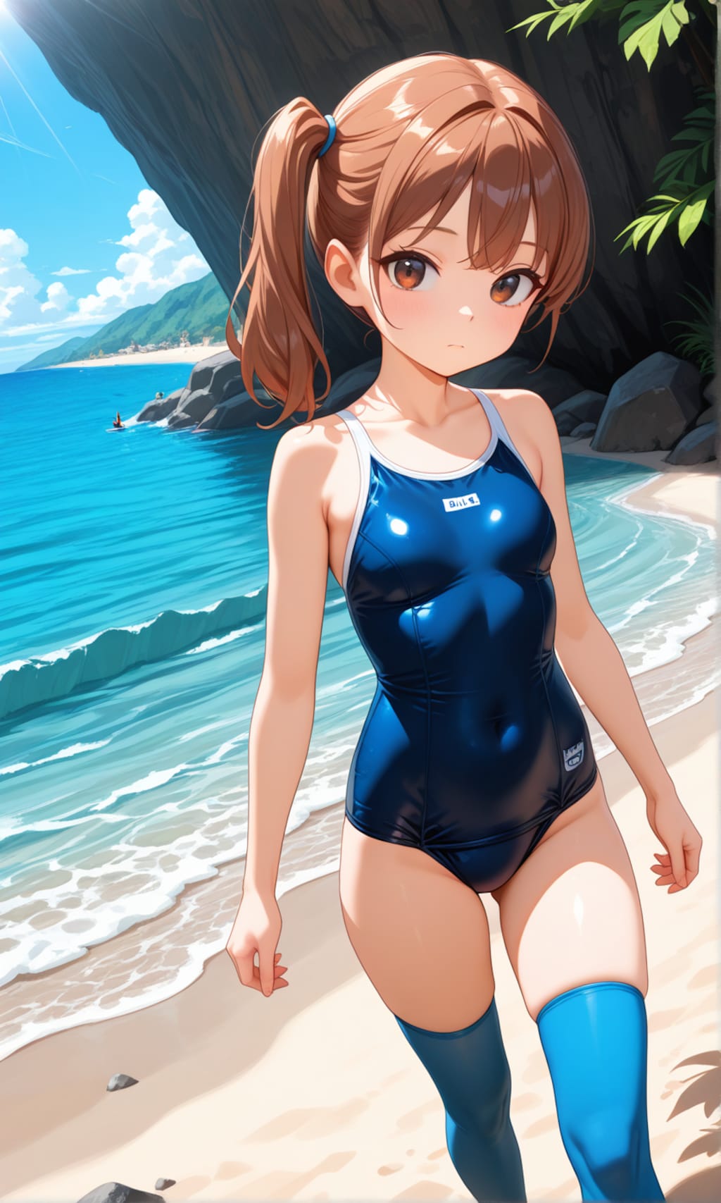 海辺で活動するスク水サイドポニー女子