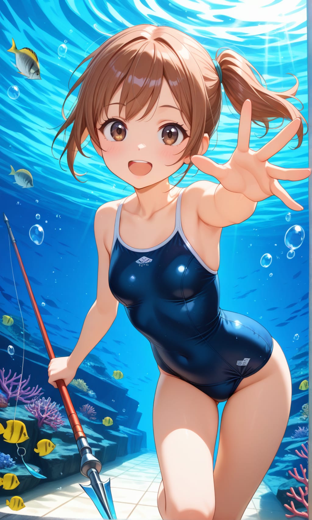海辺で活動するスク水サイドポニー女子